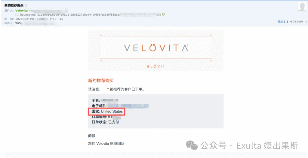 Velovita real order notification showing United States customer purchase confirmation
