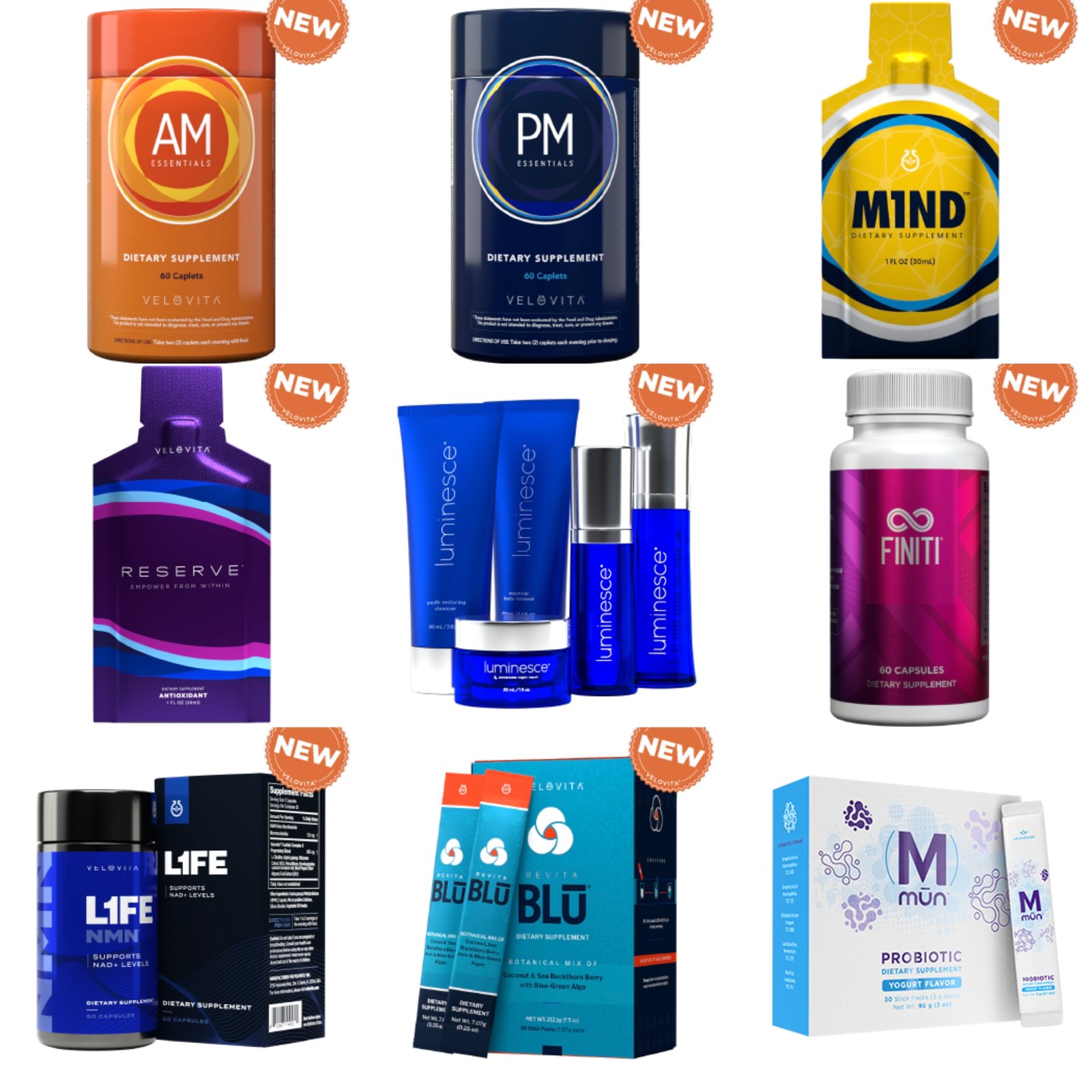 Velovita产品全系列展示 AMPM Reserve Revita Blu NMN Luminesce Mun Finiti Mind